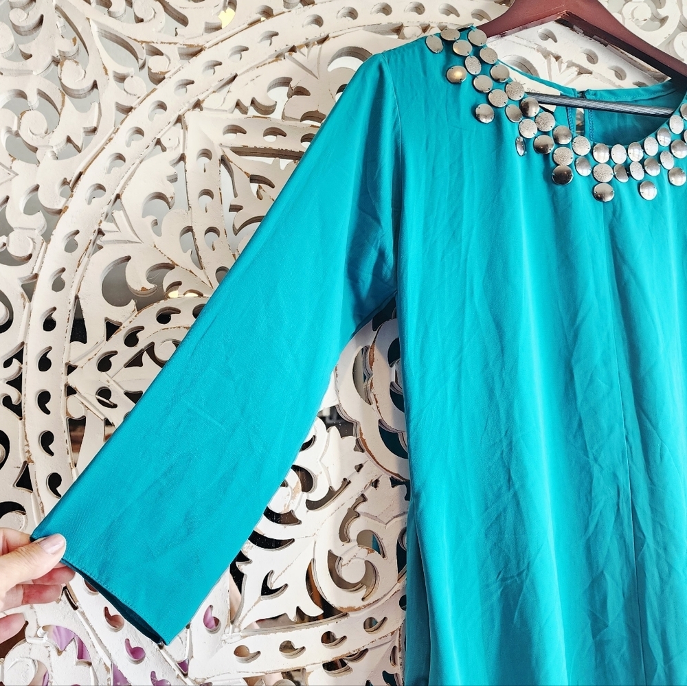 KOMMAL SOOD TEAL MAXI DRESS LONG SLEEVE NECK DETAIL SIZE MEDIUM - Picture 9 of 15